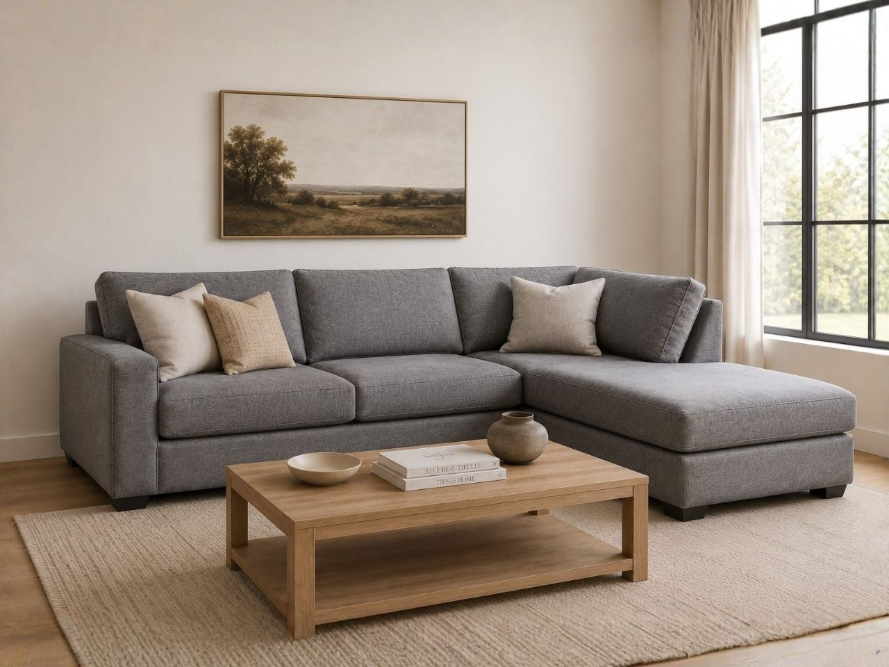 Gray fabric sectional with chaise and neutral pillows in a bright modern living room.