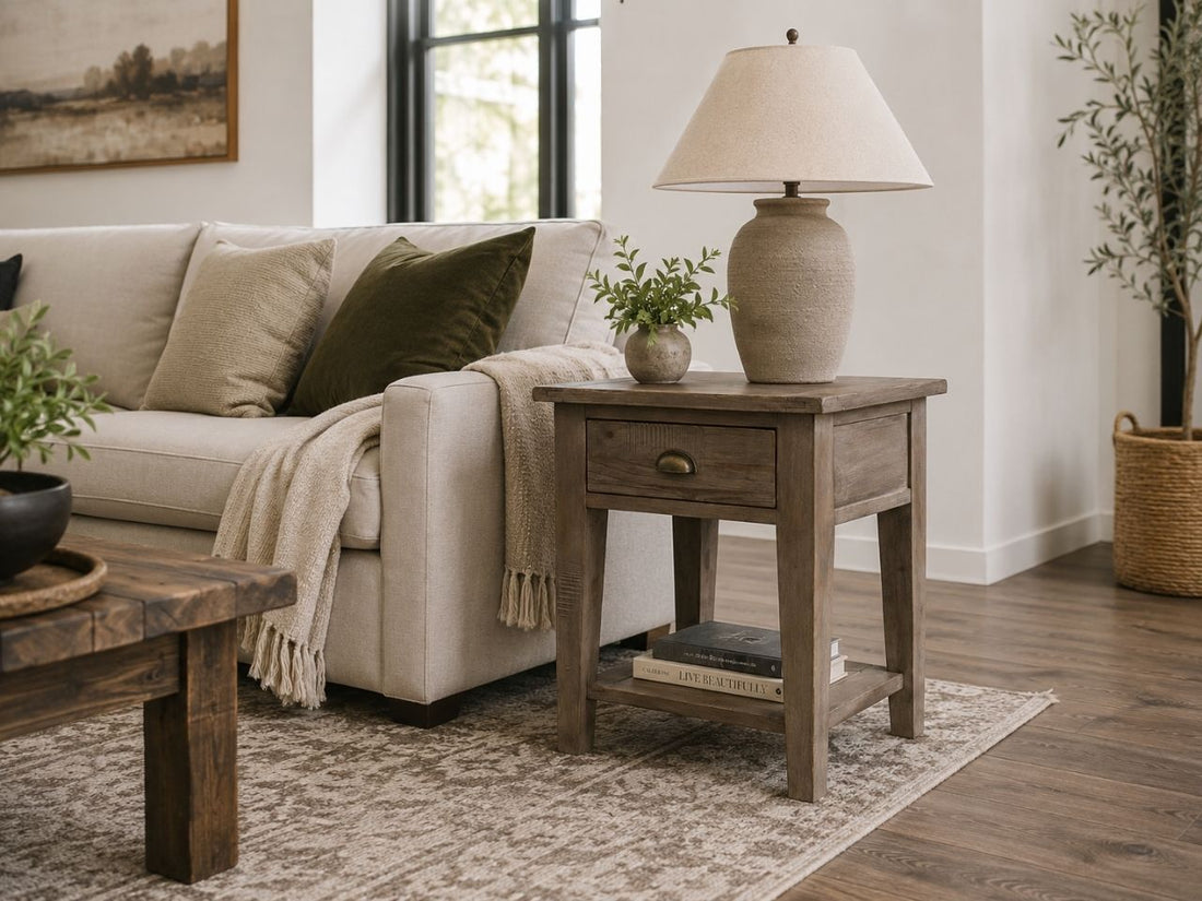 Rustic wood end table with a drawer and lower shelf styled beside a cream sofa in a cozy farmhouse -inspired living room.