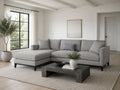 Gray chaise sectional sofa in a clean modern living room.