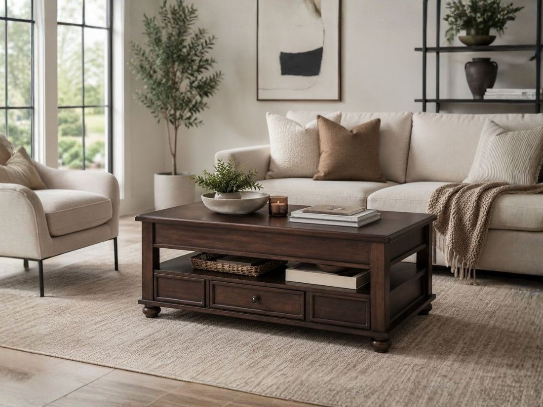 Traditional dark wood coffee table with lift-top storage, open shelving, and drawers, styled in a cozy neutral-toned living room.