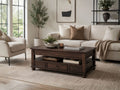 Traditional dark wood coffee table with lift-top storage, open shelving, and drawers, styled in a cozy neutral-toned living room.