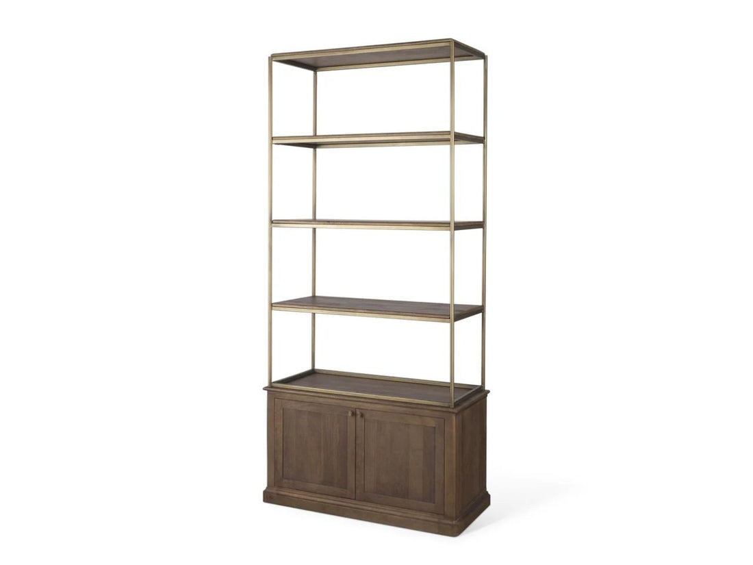 Baron Dark Brown Wood w/ Antiqued Aged Brass Metal 2-Door Open Shelving Unit in Calgary in a white background