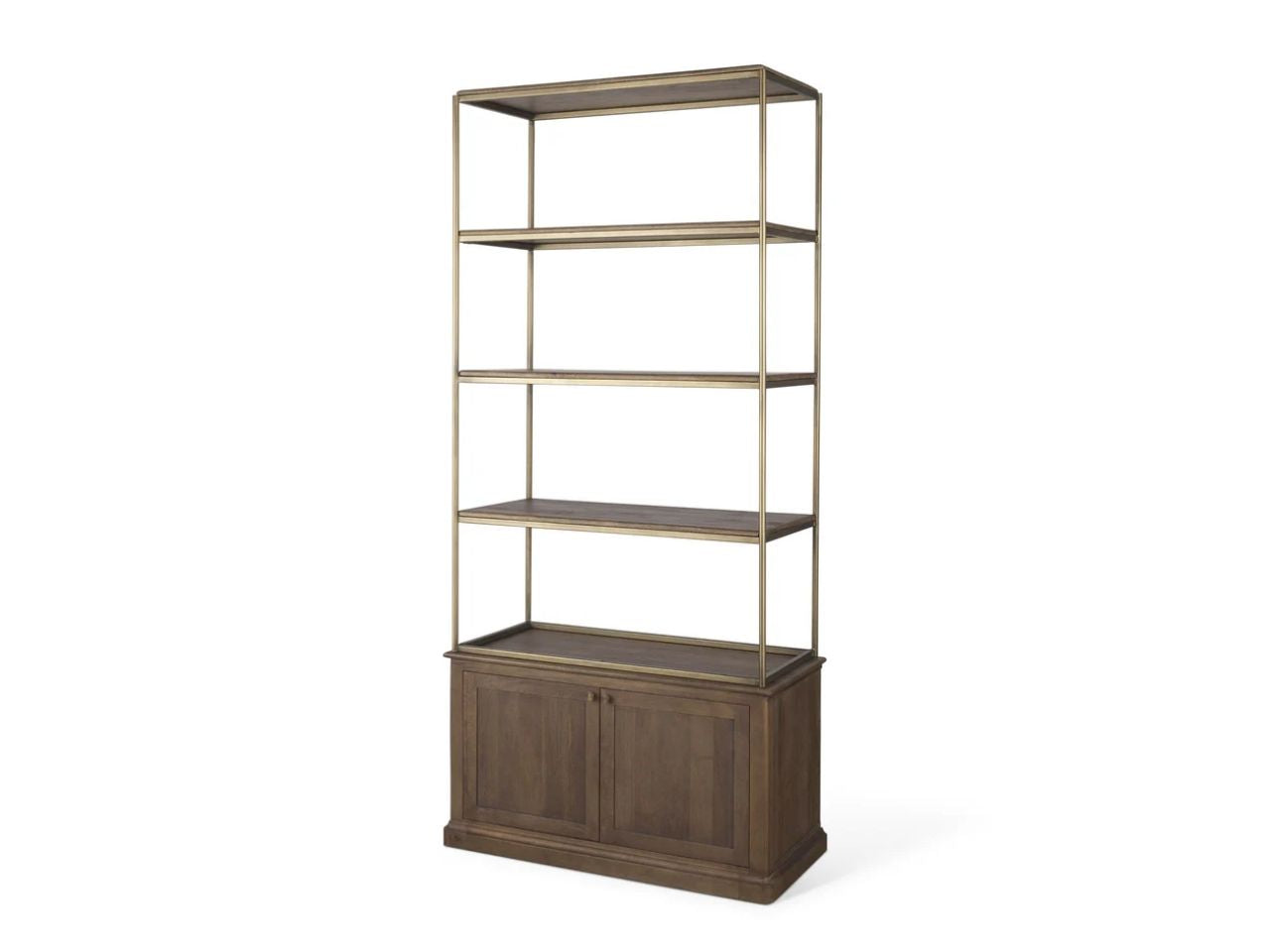 Baron Dark Brown Wood w/ Antiqued Aged Brass Metal 2-Door Open Shelving Unit in Calgary in a white background