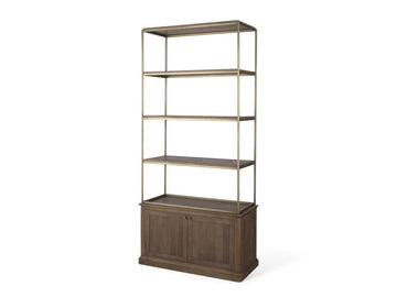 Baron Dark Brown Wood w/ Antiqued Aged Brass Metal 2-Door Open Shelving Unit in Calgary in a white background