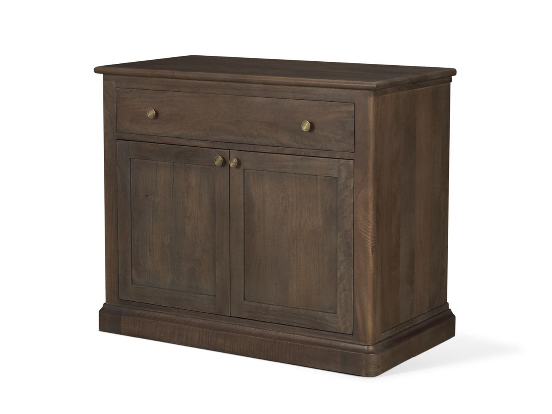 Brown solid wood accent cabinet with drawer and double doors on a white background.