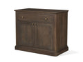 Brown solid wood accent cabinet with drawer and double doors on a white background.