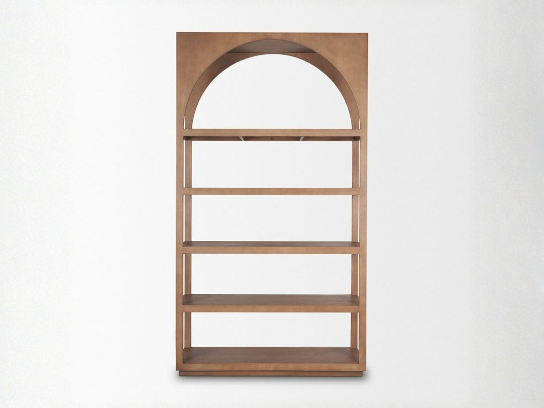 Bela Arched Mango Wood Shelving Unit, 5-Tier Medium Brown Finish in Calgary in a white background
