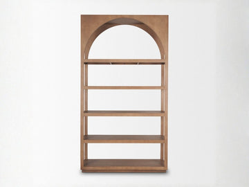 Bela Arched Mango Wood Shelving Unit, 5-Tier Medium Brown Finish in Calgary in a white background
