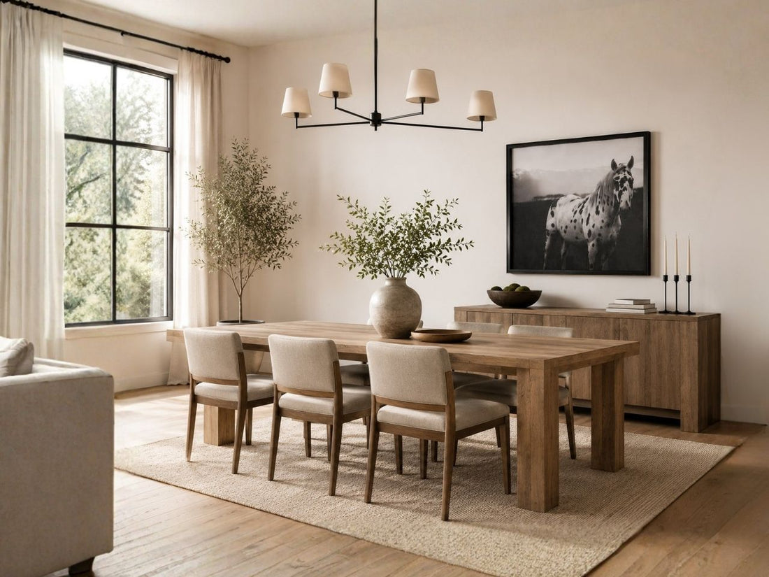 Rectangular wood dining table with six upholstered chairs in a modern dining room.