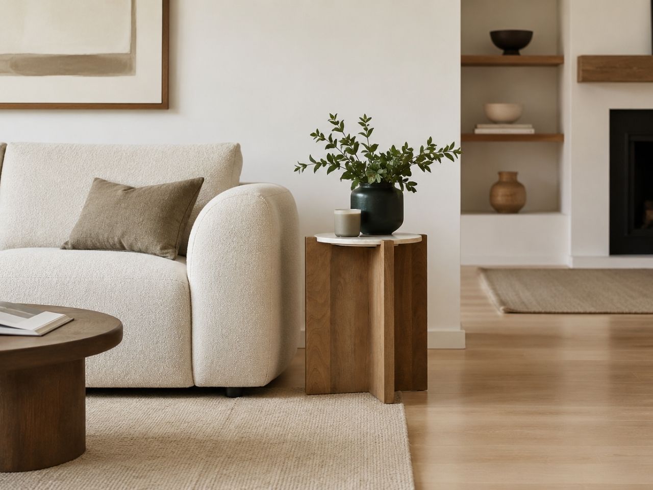 Wood side table beside a cream accent chair in a modern living room.