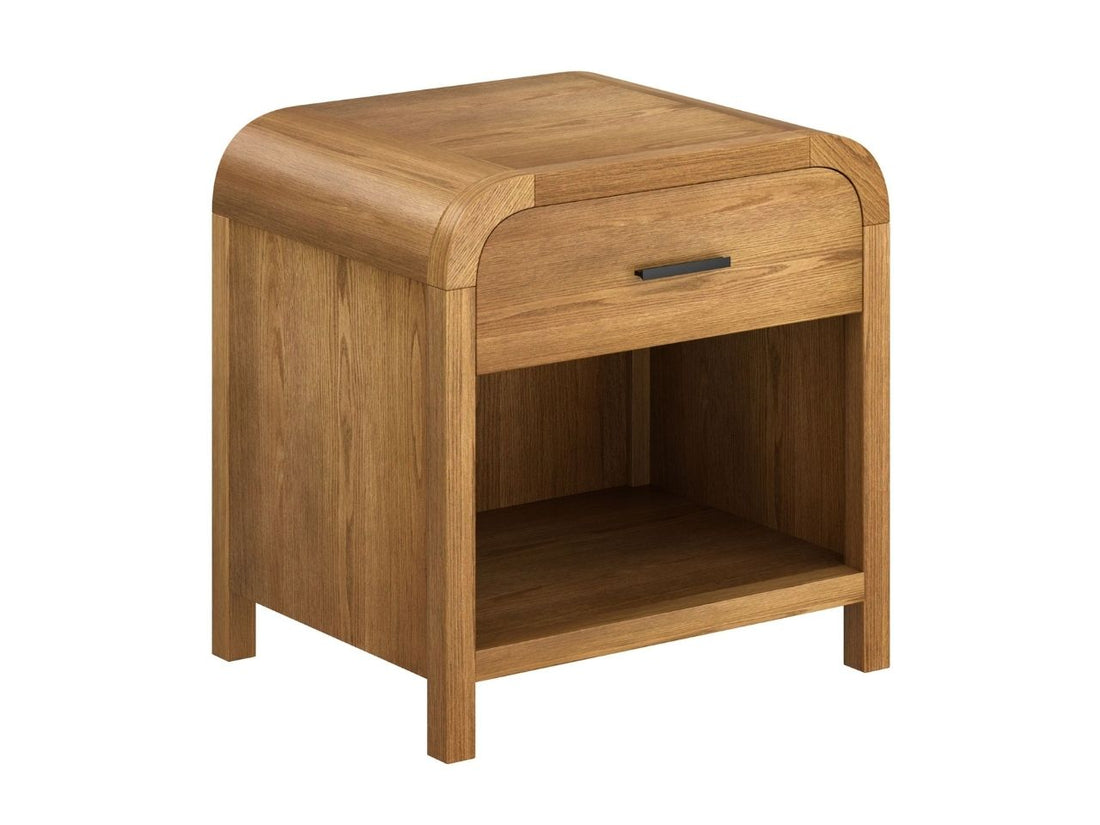 Natural wood accent table with drawer and open shelf on a white background.