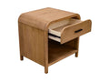 Natural wood accent table with open drawer and shelf on a white background.