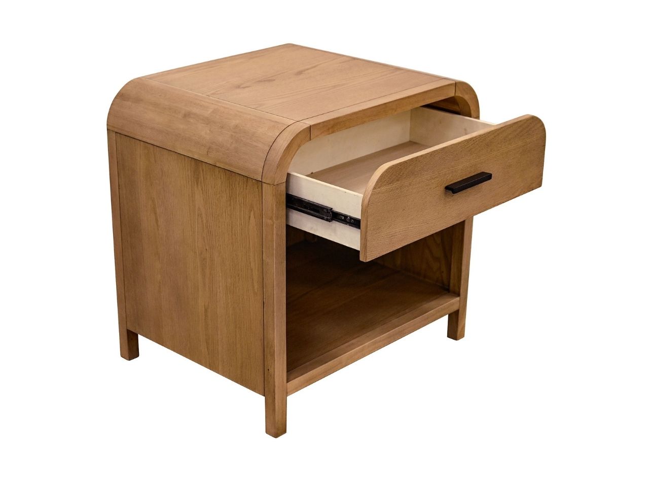 Natural wood accent table with open drawer and shelf on a white background.