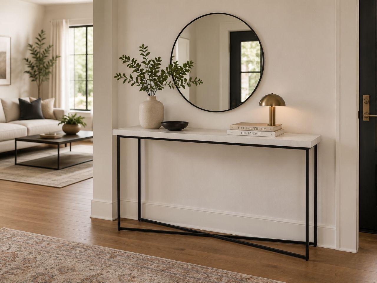 White marble-top console table with a black metal frame styled in a modern entryway.
