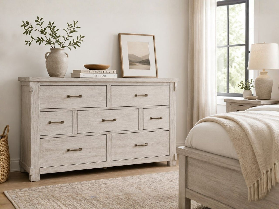 Light wood dresser with seven drawers and clean modern farmhouse design.