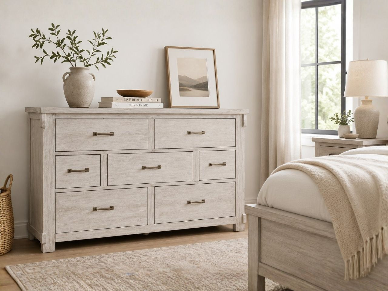 Light wood dresser with seven drawers and clean modern farmhouse design.