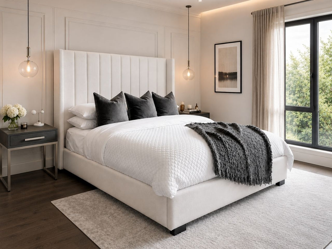 Modern upholstered bed with a tall channel-tufted headboard in a bright contemporary bedroom.