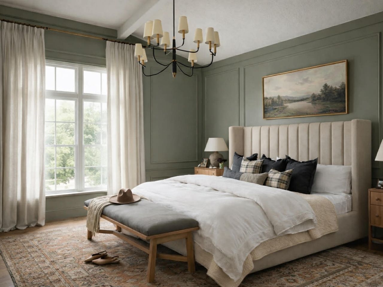 Calm bedroom with sage-green paneled walls, a cream upholstered bed, neutral bedding, a bench at the foot, and soft daylight through sheer curtains.