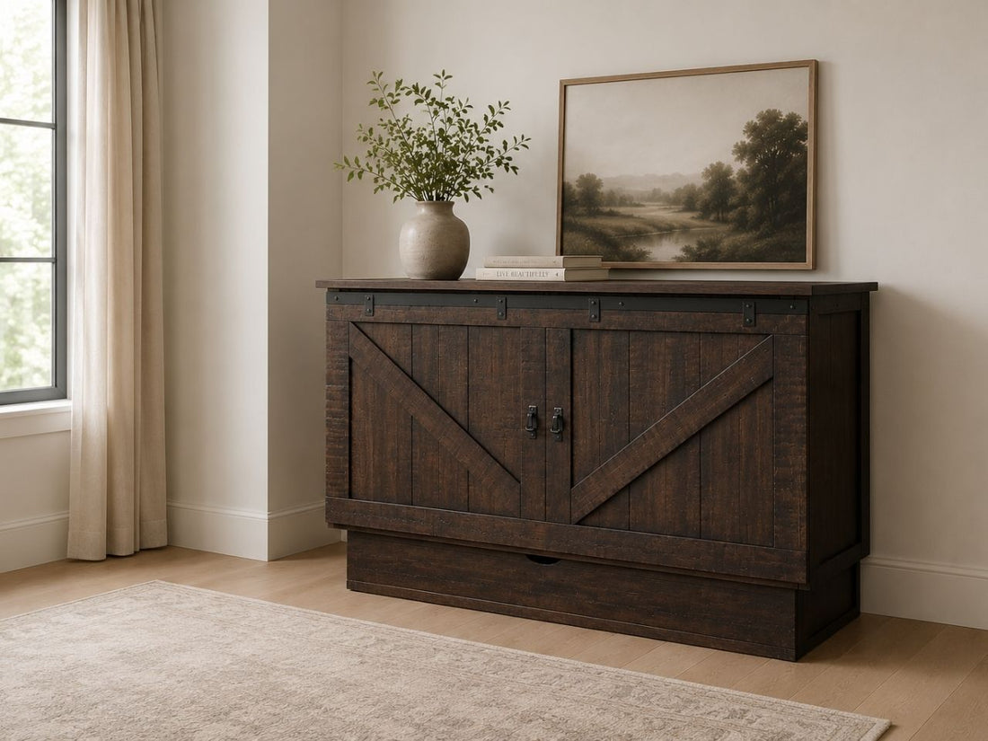 Rustic farmhouse Murphy bed cabinet in rich auburn wood with barn-door detailing and industrial-style hardware.