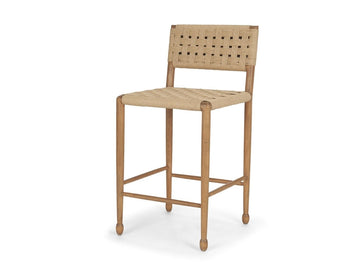 Woven rope counter stool with wooden frame on a white background, angled view.