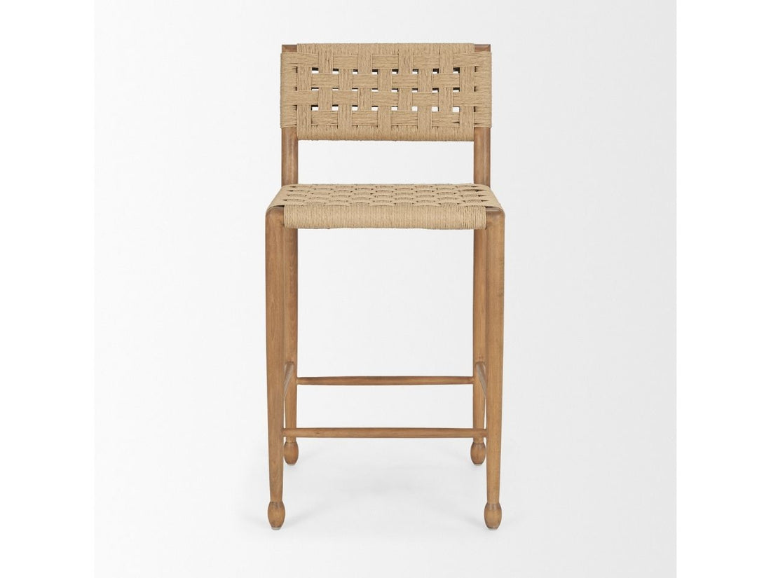 Woven rope counter stool with wooden frame on a white background, angled view.