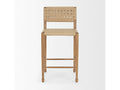 Woven rope counter stool with wooden frame on a white background, front view.