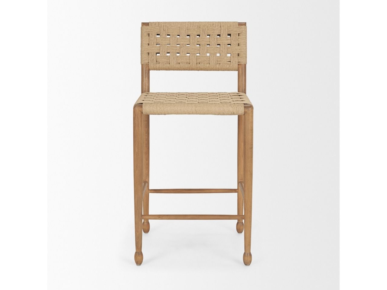 Woven rope counter stool with wooden frame on a white background, front view.