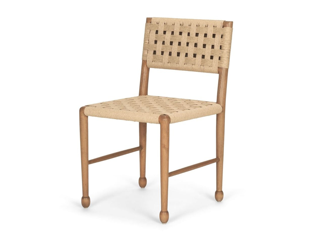 Woven rope chair with wooden frame on a white background, angled view.