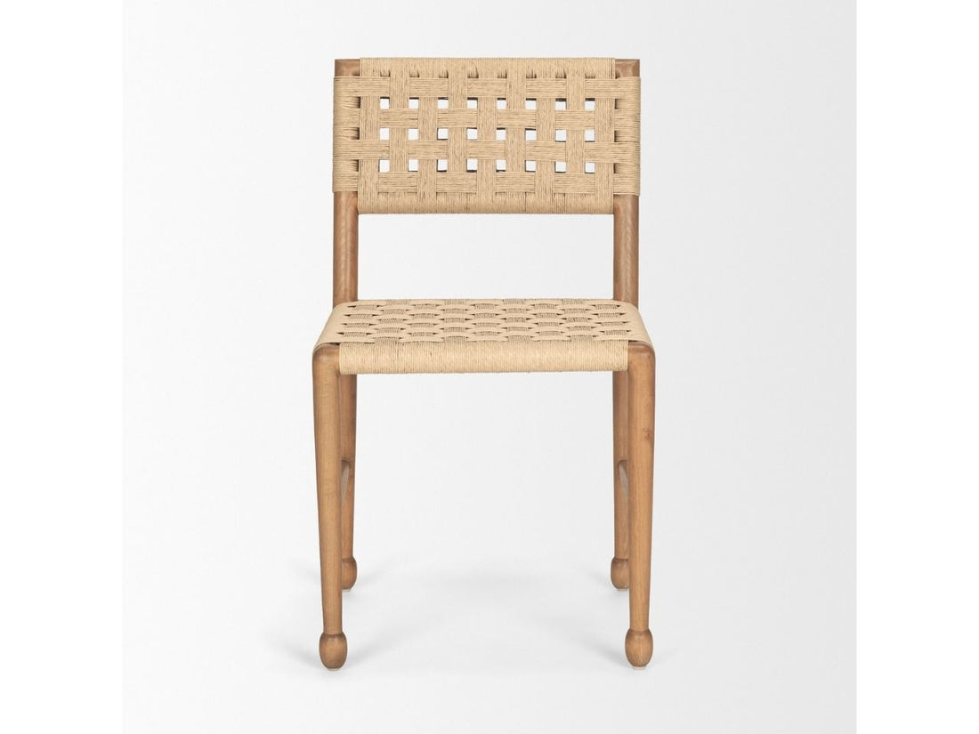 Woven rope chair with wooden frame on a white background, angled view.