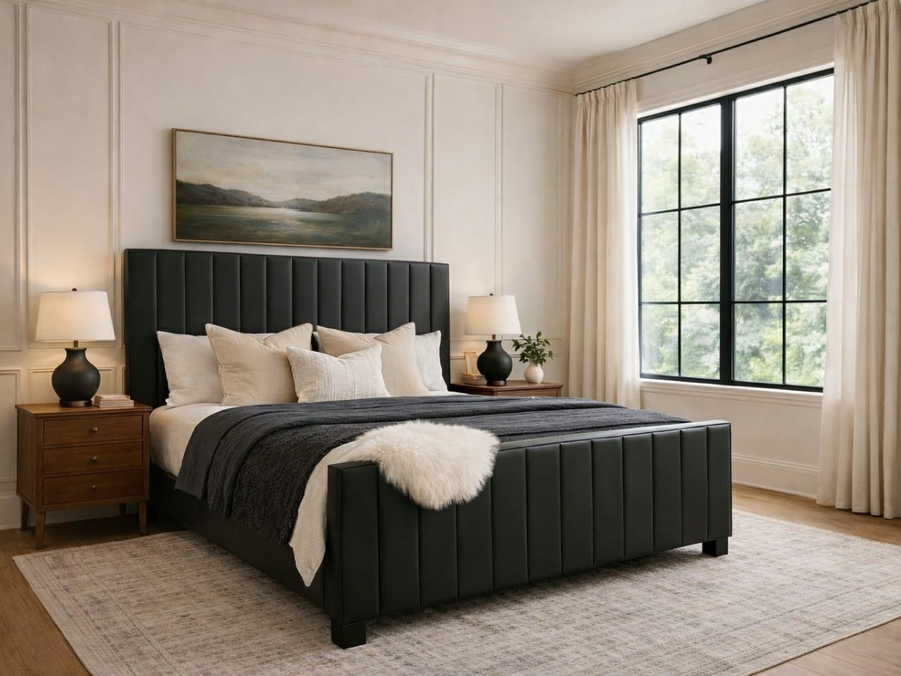 Black Brit bed in Calgary from Showhome Furniture with white pillows and a gray blanket in a bedroom setting.