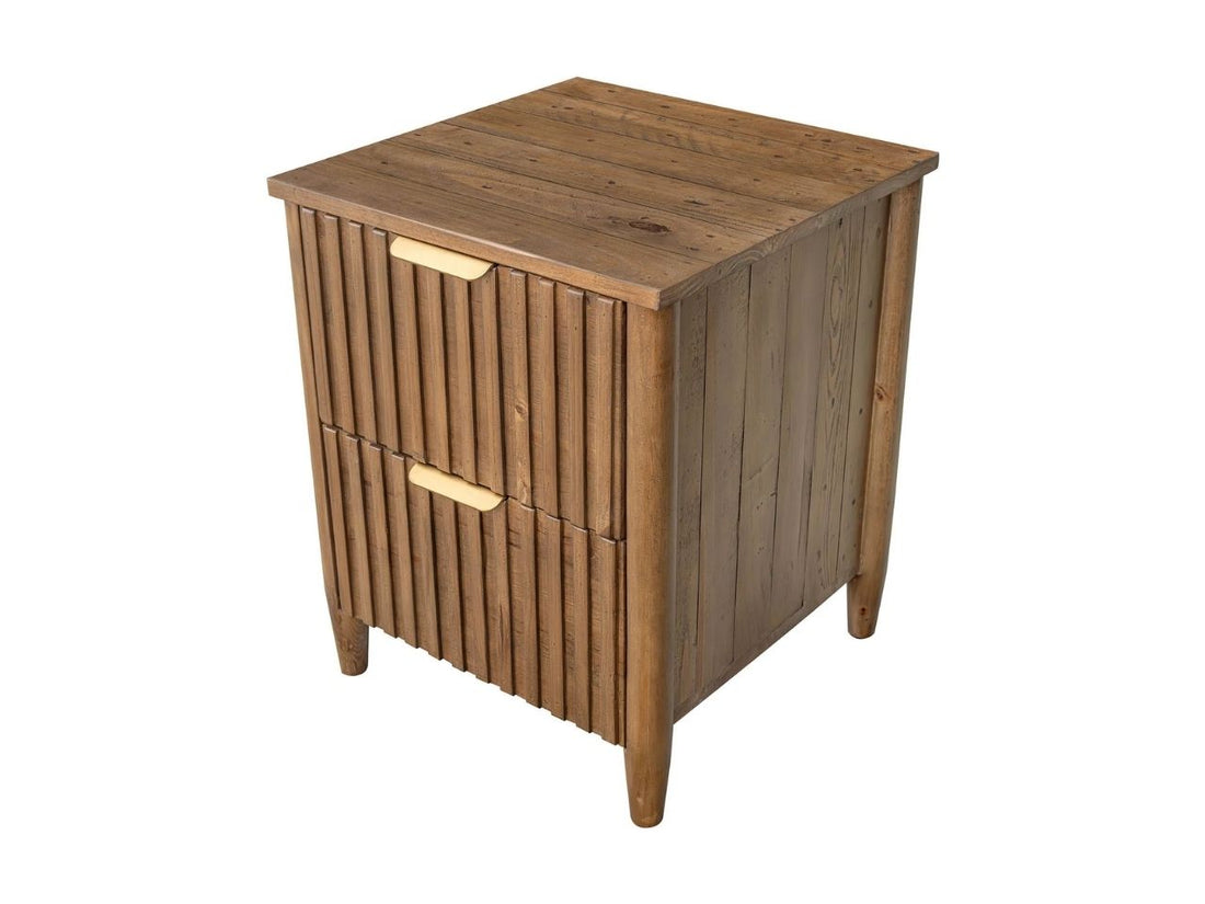 Solid wood nightstand with fluted drawer fronts and brass-tone pulls.