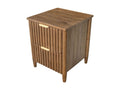 Solid wood two-drawer nightstand with fluted fronts and brass pulls on a white background.
