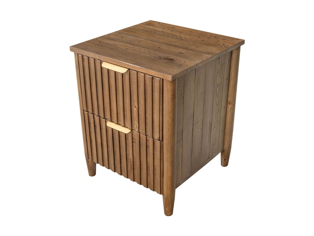 Solid wood two-drawer nightstand with fluted fronts and brass pulls on a white background.