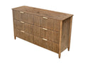 Solid wood six-drawer dresser with fluted drawer fronts and brass pulls on a white background.