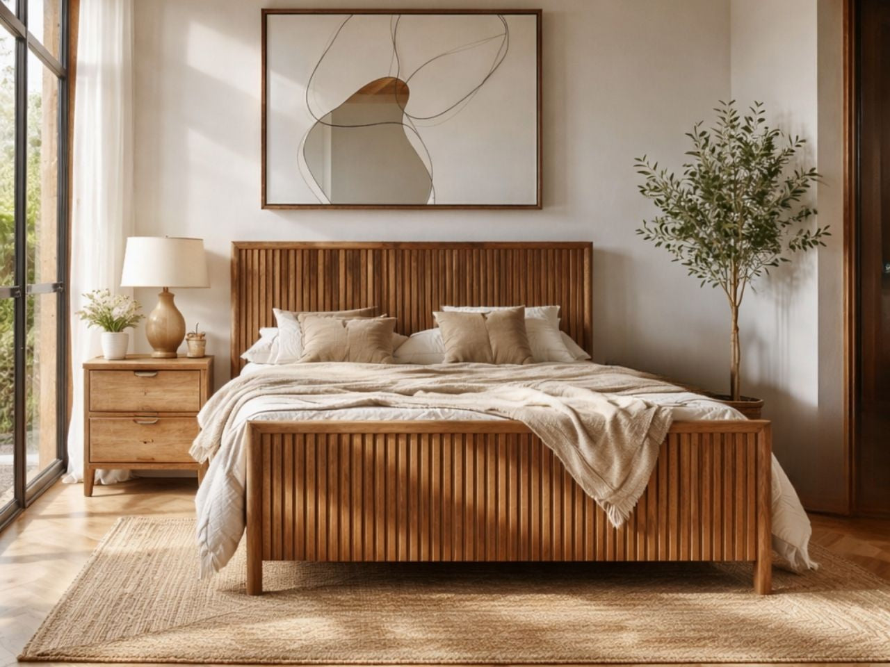 Solid wood fluted bed styled in a bright bedroom with neutral bedding and matching nightstand.