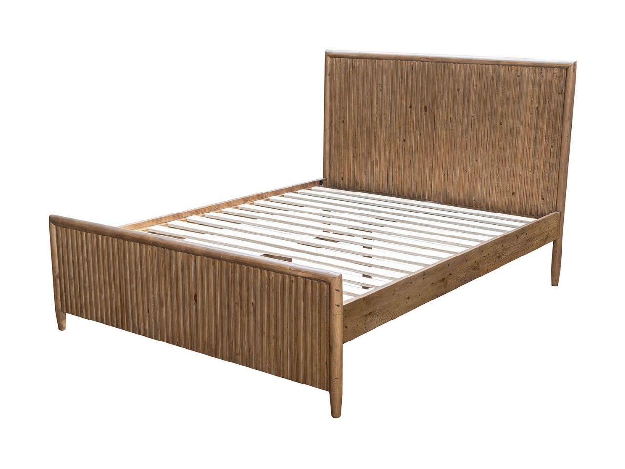 Solid wood bed frame with vertical fluted headboard and footboard on a white background.