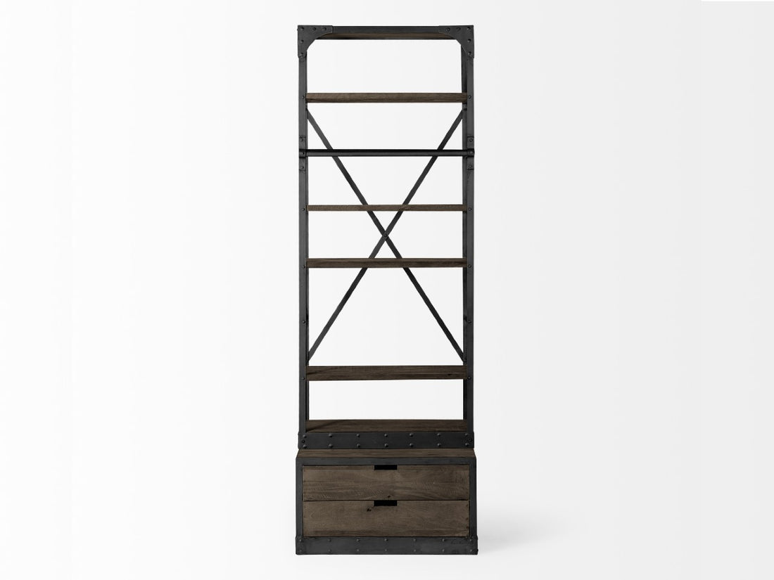 Brodie VII Brown Wood Gun-Metal Bracing Four Shelf Shelving Unit | Calgary Furniture Store