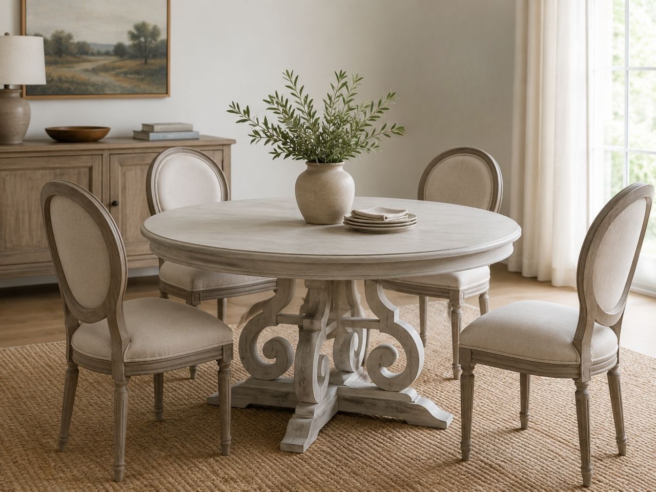 Round whitewashed wood dining table with an ornate pedestal base and four upholstered dining chairs.