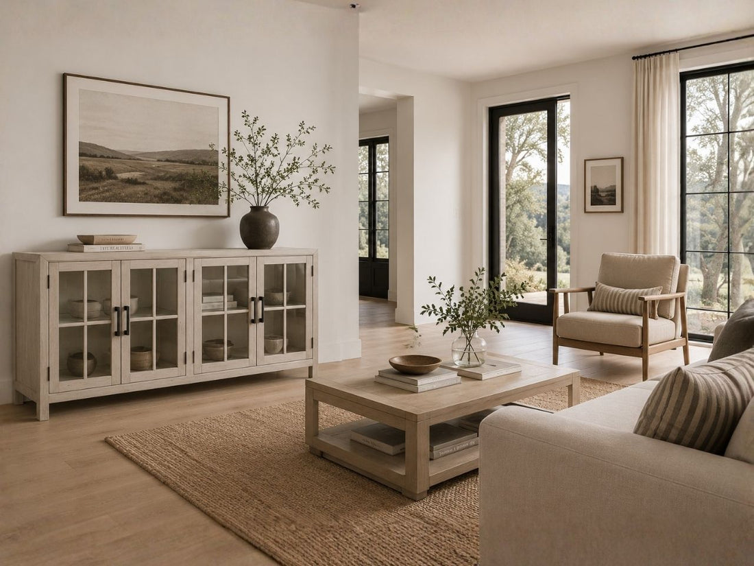 Light wood sideboard with glass-paneled doors, offering a clean and airy farmhouse-inspired look.