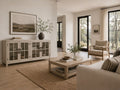 Light wood sideboard with glass-paneled doors, offering a clean and airy farmhouse-inspired look.