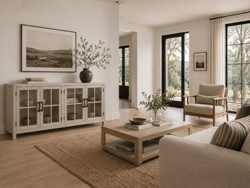 Light wood sideboard with glass-paneled doors, offering a clean and airy farmhouse-inspired look.