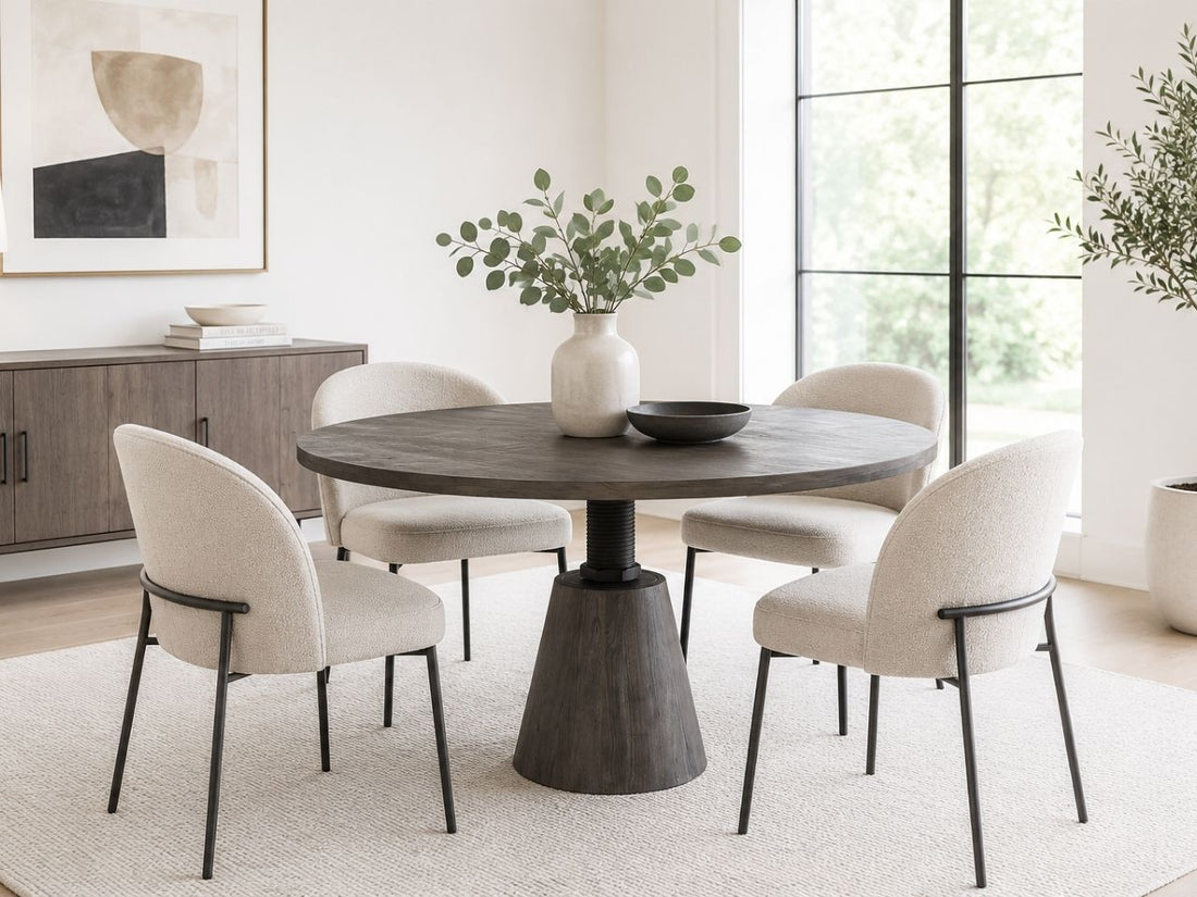 Round dark wood dining table with four cream upholstered chairs in a bright modern dining room.