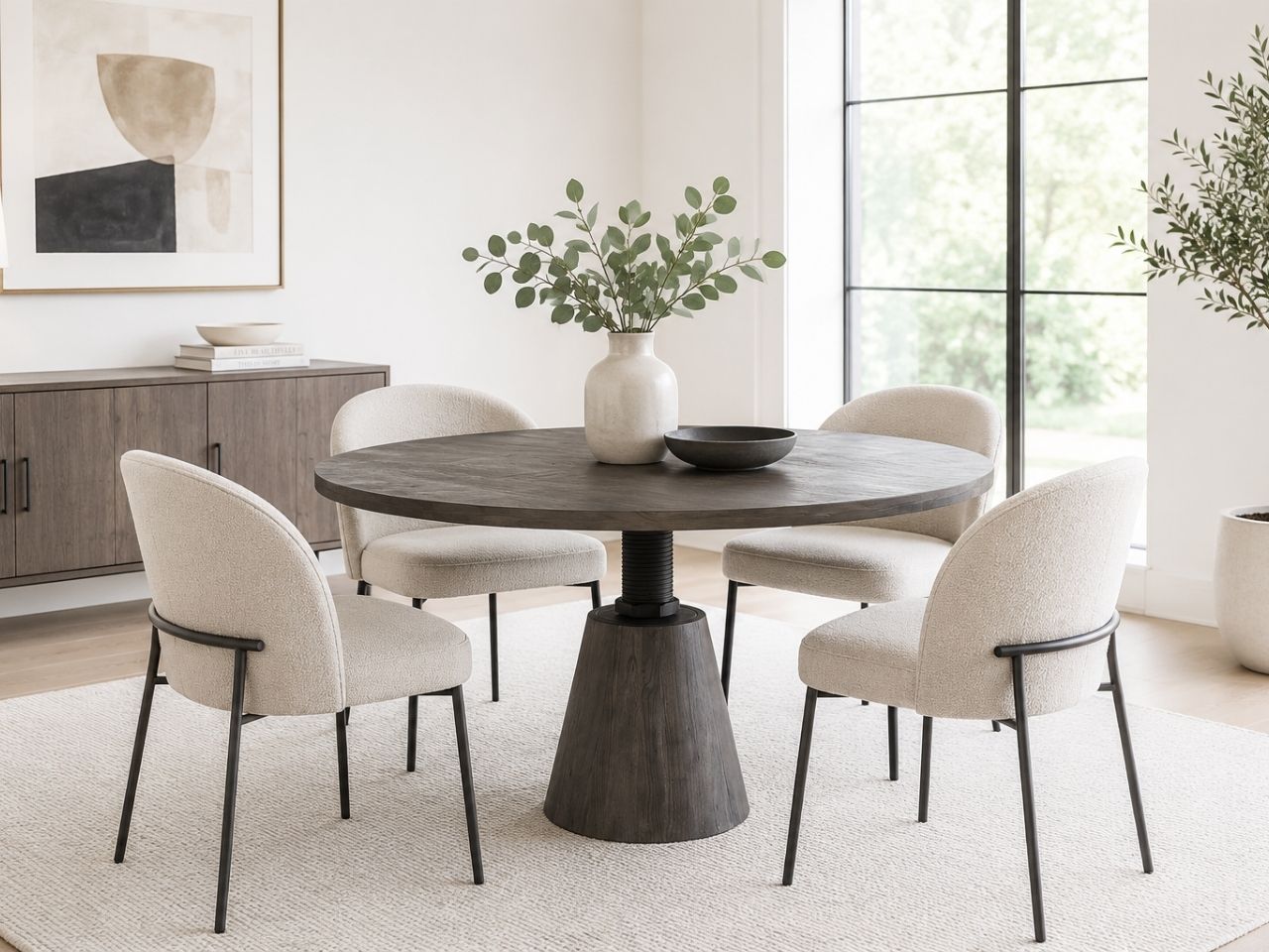 Round dark wood dining table with four cream upholstered chairs in a bright modern dining room.