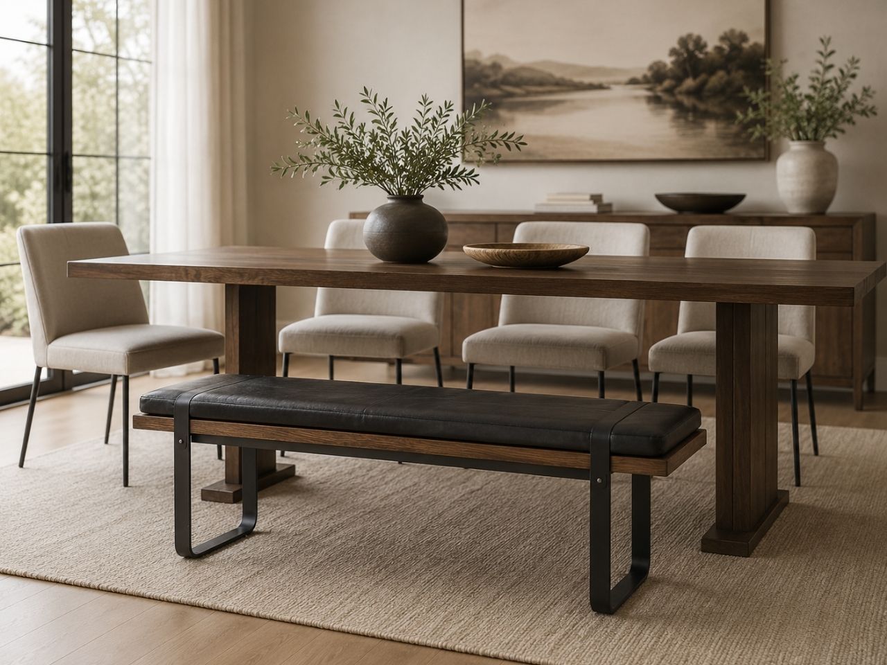 Brooklyn Dining Bench in Calgary in a dining room setting 