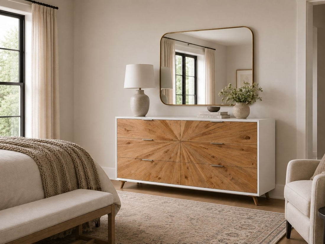 Modern 6-drawer dresser with bold sunburst wood pattern, white frame, sleek metal pulls, and contemporary mid-century style.