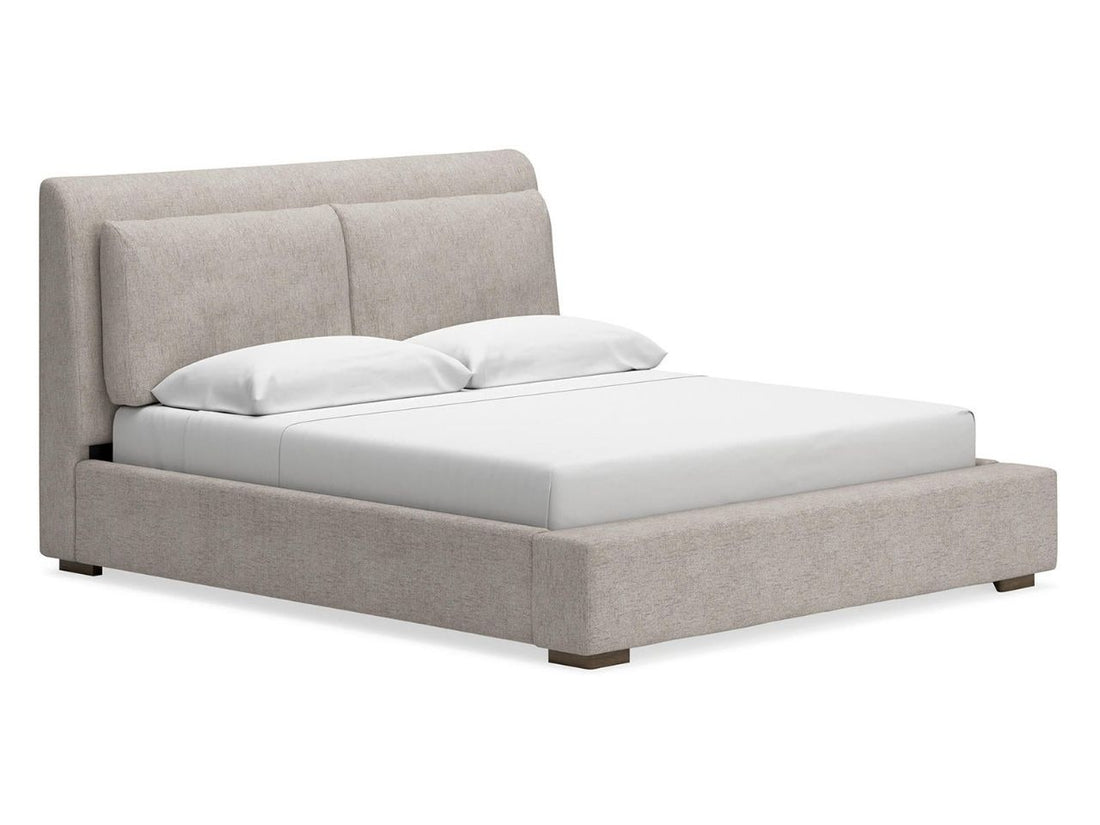 Calmara Light Brown Upholstered Bed with Padded Headboard and Frame in Calgary in a white background 