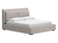 Calmara Light Brown Upholstered Bed with Padded Headboard and Frame in Calgary in a white background 