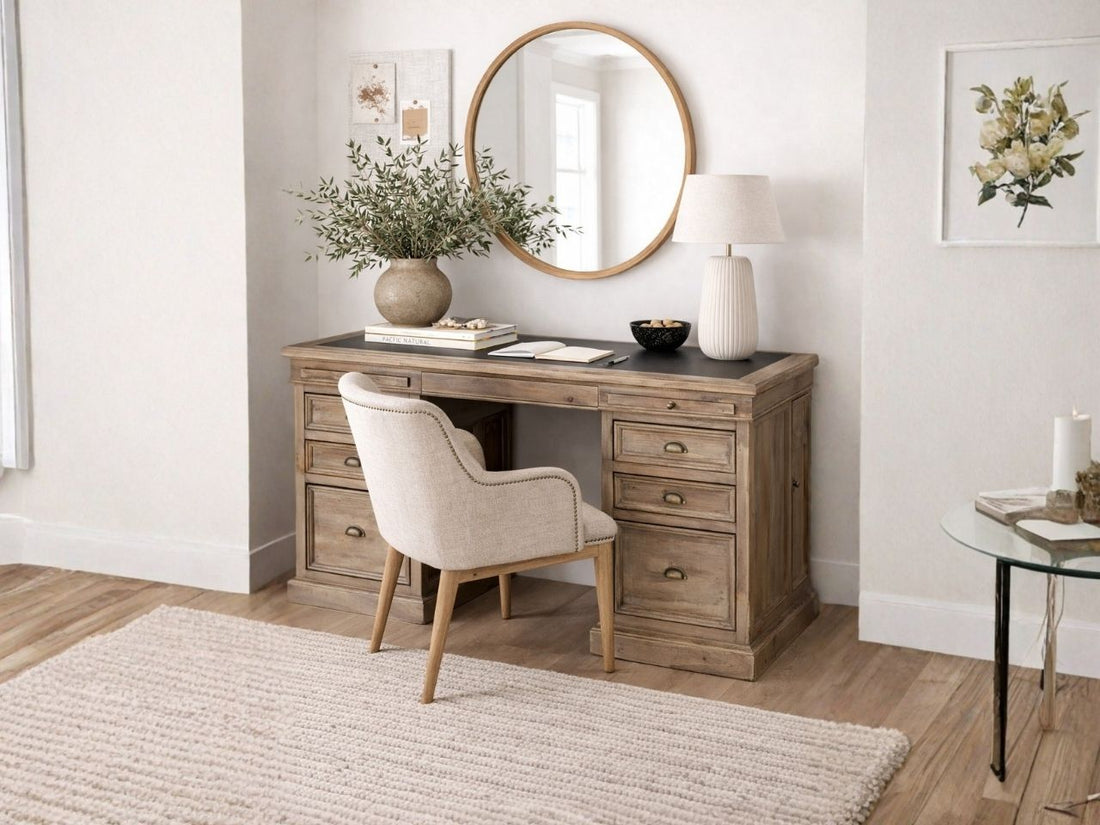 The Camrose is a classic double-pedestal desk crafted from solid wood with a light natural finish that showcases the grain and antiqued textures