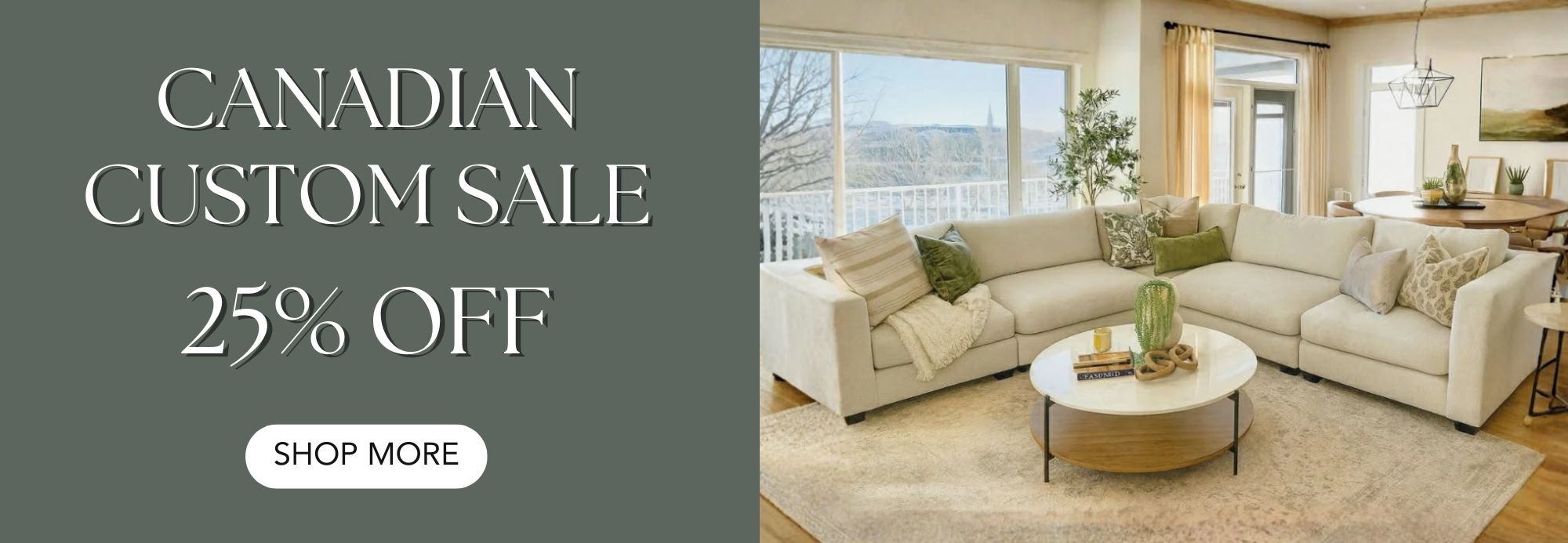 Living room with sectional sofa and decor, promotional text for Canadian Custom Sale on a gray background