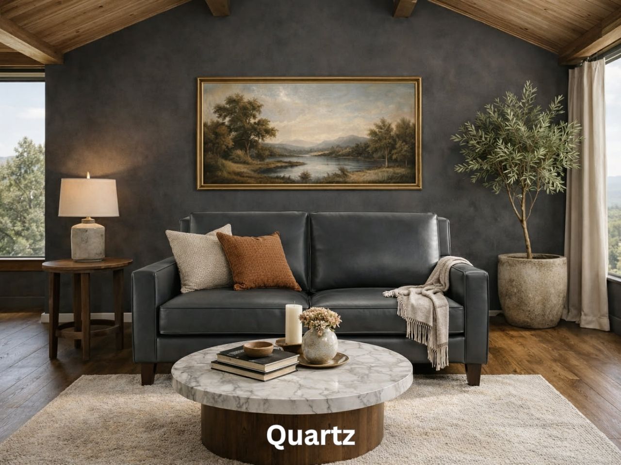 A charcoal gray leather loveseat centered against a dark accent wall, featuring a marble coffee table and a large landscape painting.